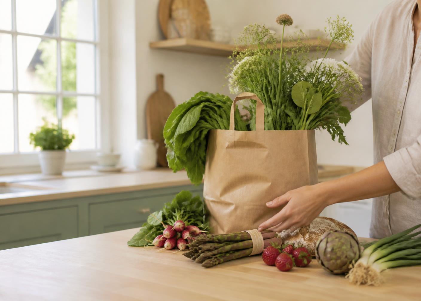 Frische Einkäufe mit Gemüse, Brot und Blumen werden auf einer hellen Küchenarbeitsfläche ausgepackt