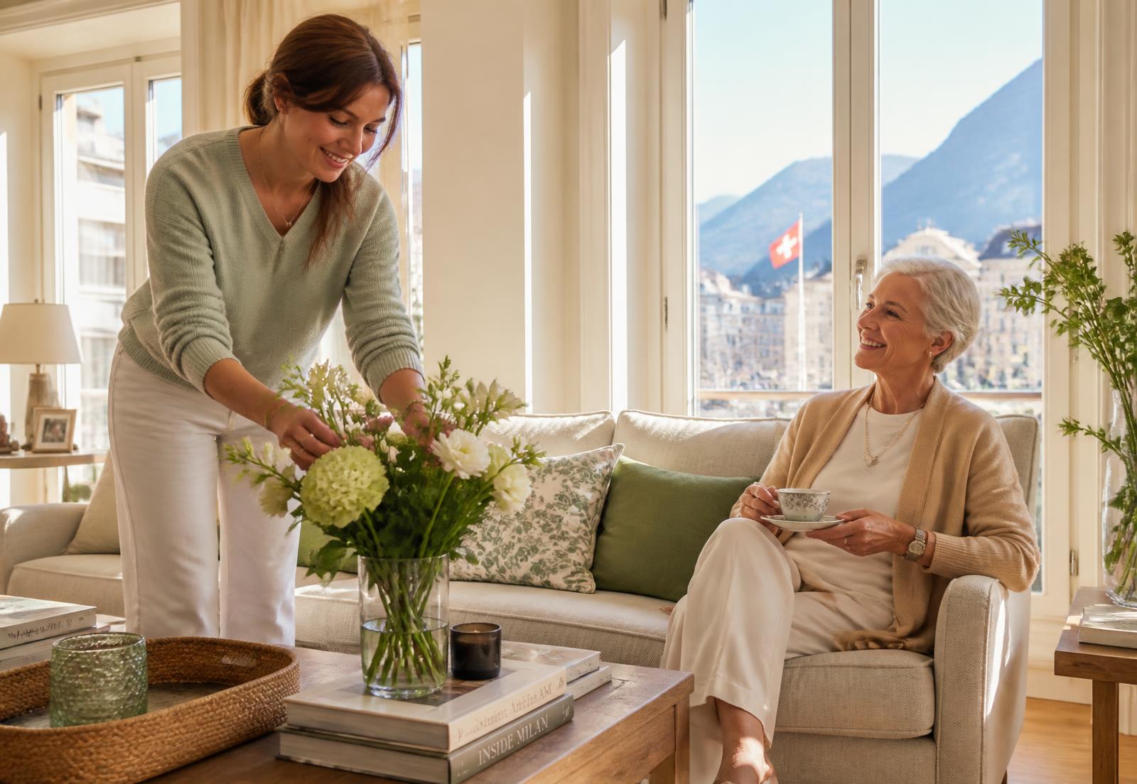 Helles Wohnzimmer in Basel, eine Frau stellt frische Blumen auf den Tisch, eine Dame sitzt entspannt mit einer Tasse Tee
